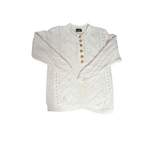 Vintage Hunters Run Cream Cable Knit Henley Sweater Chunky Knit Wooden Buttons
